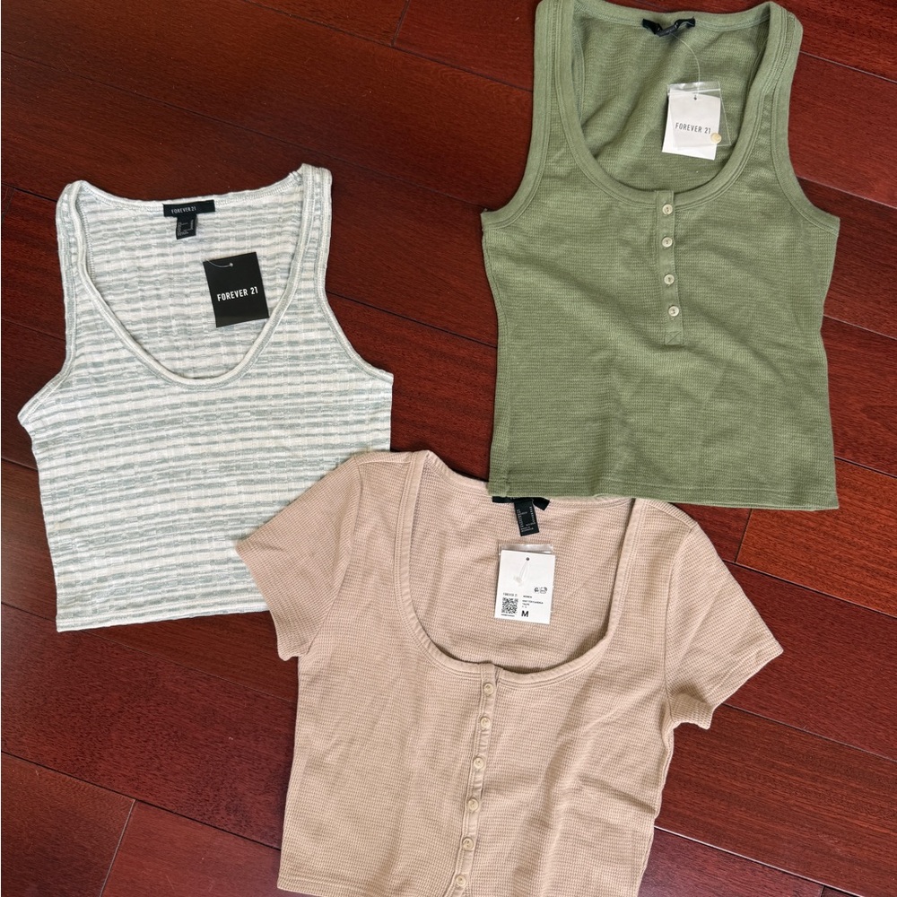 Forever 21 Ribbed Crop Top Set - Olive, Beige, Gray